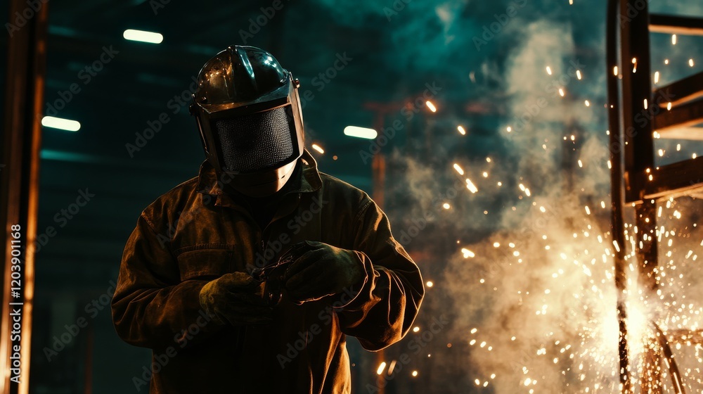 A welder in protective gear and helmet, holding a welding helmet and standing in front of a steel structure with welding sparks visible, Construction site scene A welder in protective gear and helmet, holding a welding helmet and standing in front of a steel structure with welding sparks visible, Construction site scene