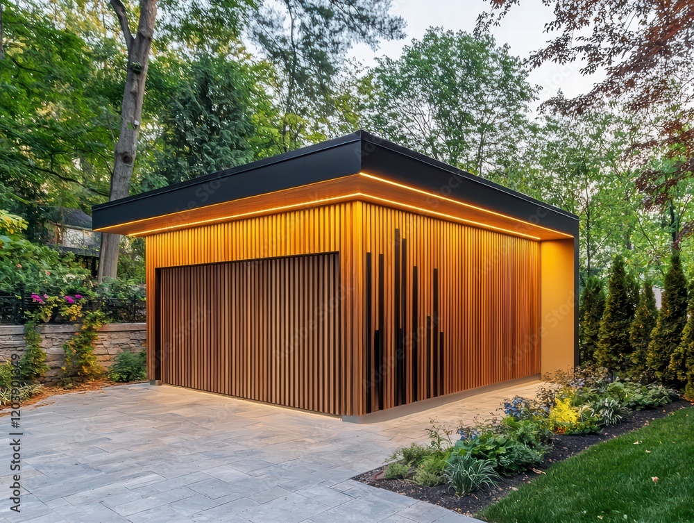 Modern Wooden Garage with Illuminated Detail: A sleek, modern garage with wood siding illuminated by warm lights adds a touch of sophistication and functionality to a contemporary home. Modern Wooden Garage with Illuminated Detail: A sleek, modern garage with wood siding illuminated by warm lights adds a touch of sophistication and functionality to a contemporary home.