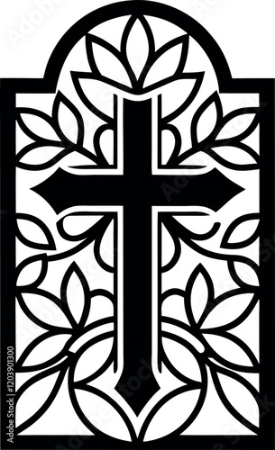 Stained Glass Window Silhouette with Cross and Floral Patterns on Transparent Background