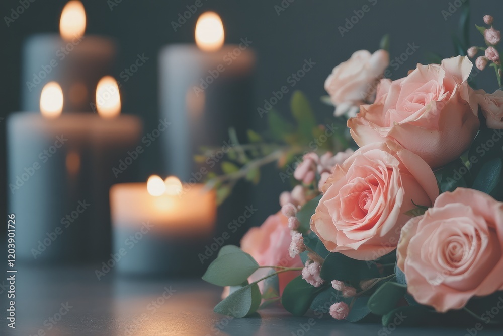 Peach roses and burning candles creating a warm and inviting atmosphere on a dark textured background Peach roses and burning candles creating a warm and inviting atmosphere on a dark textured background