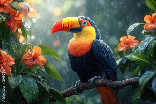 a majestic toucan with rainbowhued beak perches on a gnarled branch surrounded by misty tropical foliage and exotic flowers dramatic morning light filtering through leaves photorealistic detail photo