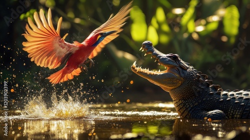 Bird escaping crocodile attack, jungle river, splash