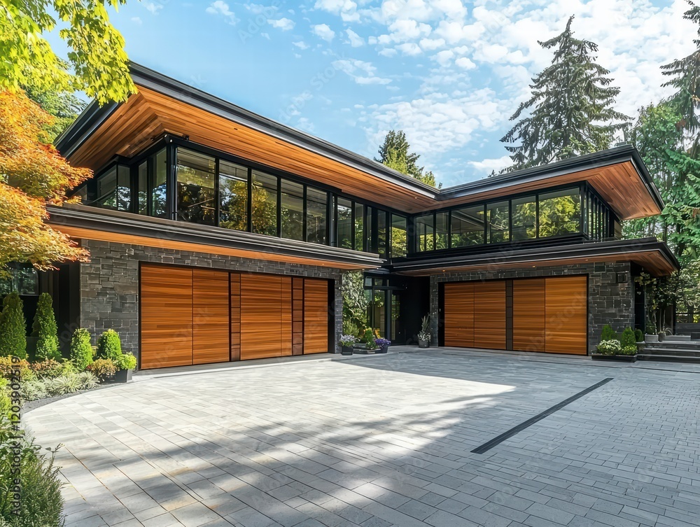 Modern Architectural Masterpiece: A stunning contemporary home with sleek lines, large windows, and a blend of wood, stone, and glass elements, exudes luxury and sophistication. Modern Architectural Masterpiece: A stunning contemporary home with sleek lines, large windows, and a blend of wood, stone, and glass elements, exudes luxury and sophistication.