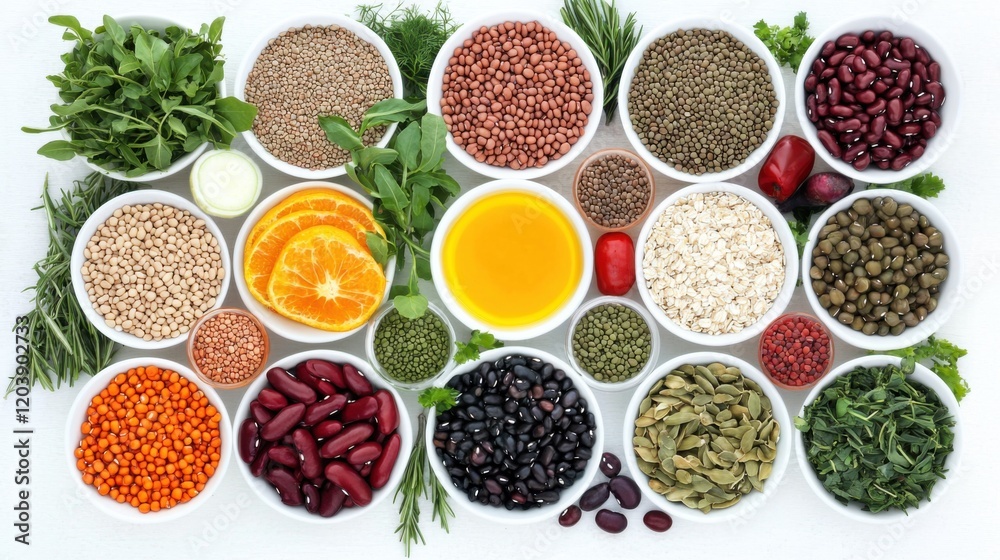 Clean eating healthy cooking ingredients. Vegetables, beans, grains, greens, fruit, spices over grey marble background, white plate with copy space in center, top view. Diet food concept Food frame Clean eating healthy cooking ingredients. Vegetables, beans, grains, greens, fruit, spices over grey marble background, white plate with copy space in center, top view. Diet food concept Food frame