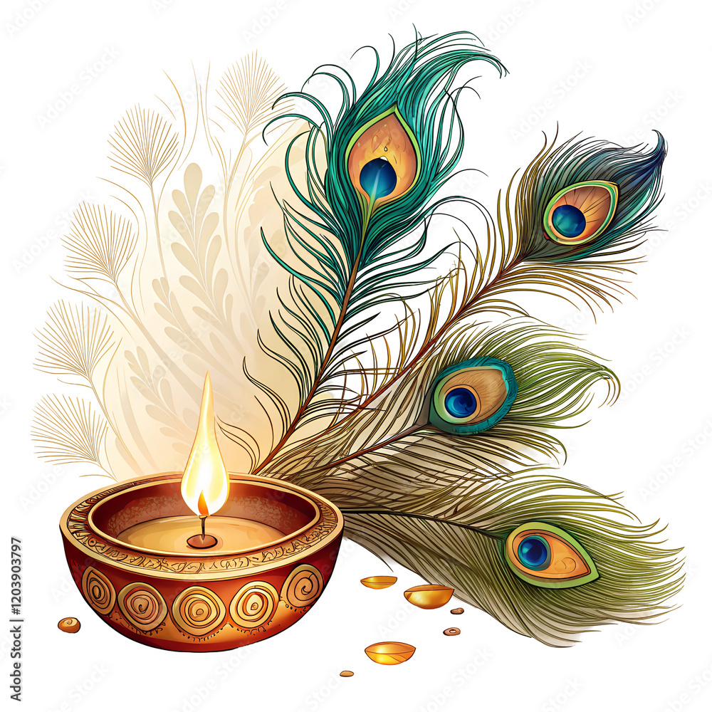 Obraz premium Thaipusam with diya lamp and peacock feathers. isolated on white background.PNG transparent.