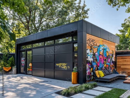 Modern Garage with Graffiti Art: A sleek, contemporary black garage featuring a large sliding door and a vibrant graffiti art mural on its side.