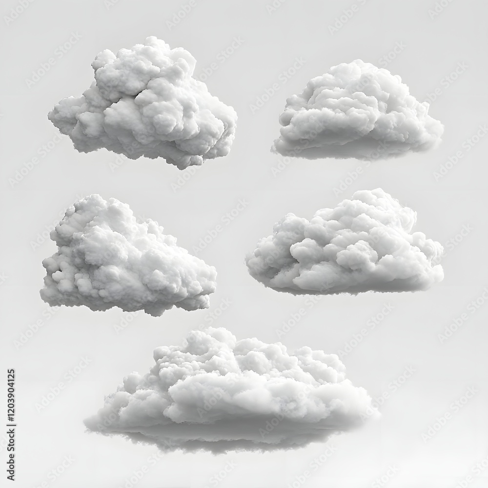 A collection of six fluffy, white clouds against a light gray background. A collection of six fluffy, white clouds against a light gray background.