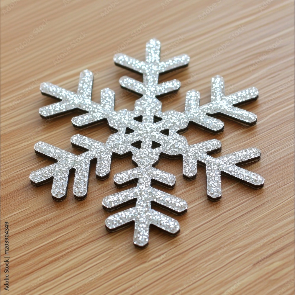 A glittery snowflake ornament resting on a wooden surface, showcasing intricate designs and a shimmering finish. A glittery snowflake ornament resting on a wooden surface, showcasing intricate designs and a shimmering finish.