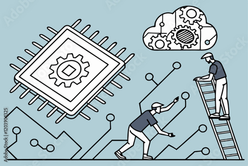 AI chip, microprocessor, tiny people, digital innovation, technological advancement, blue background, minimalist design, cartoon style, circuit patterns, cloud computing, data processing, futuristi