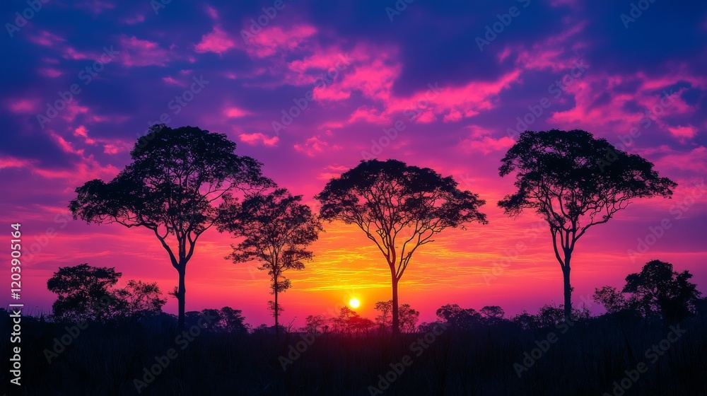 A breathtaking sunset with silhouetted trees against a vibrant pink and orange sky, showcasing nature's spectacular beauty A breathtaking sunset with silhouetted trees against a vibrant pink and orange sky, showcasing nature's spectacular beauty