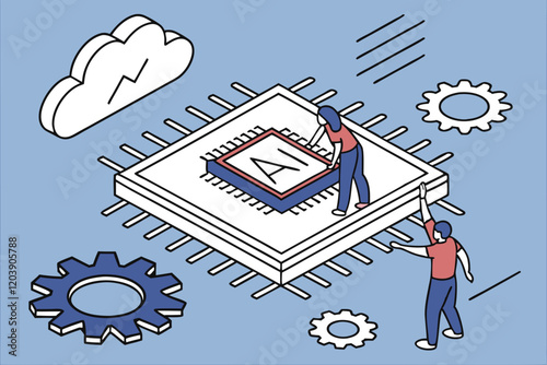 AI chip, microprocessor, tiny people, digital innovation, technological advancement, blue background, minimalist design, cartoon style, circuit patterns, cloud computing, data processing, futuristi