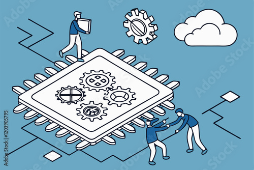 AI chip, microprocessor, tiny people, digital innovation, technological advancement, blue background, minimalist design, cartoon style, circuit patterns, cloud computing, data processing, futuristi