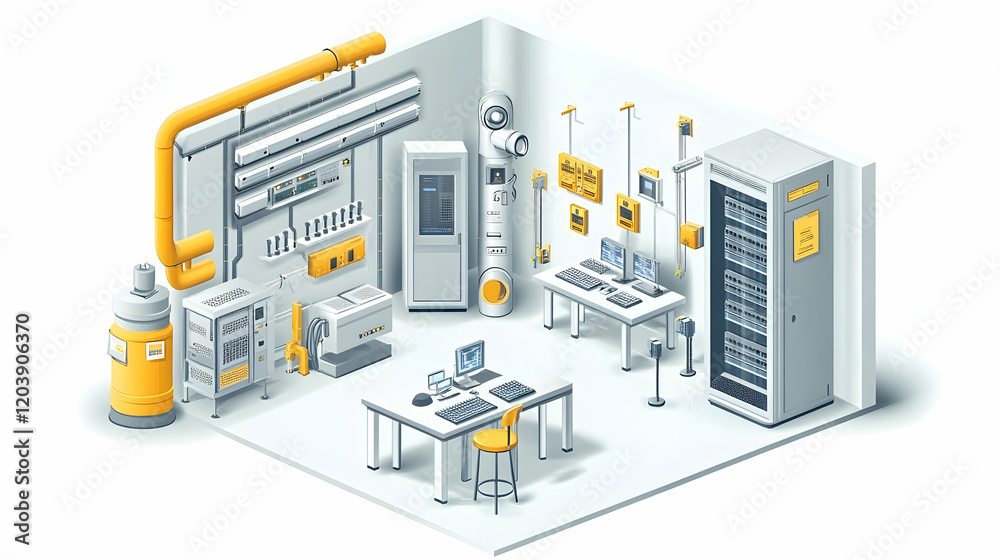 Server room isometric illustration monitoring system, data center, technology infrastructure, background; website, tech article Server room isometric illustration monitoring system, data center, technology infrastructure, background; website, tech article