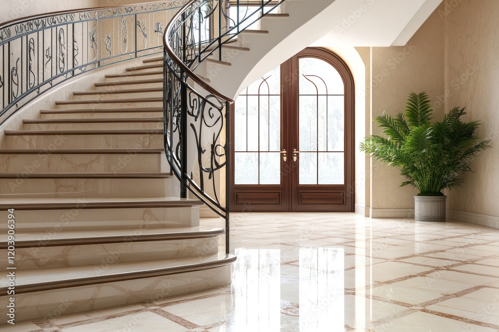 Obraz premium Elegant curved staircase, grand foyer, mansion interior, sunlight through double doors, home design