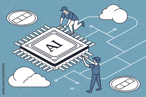AI chip, microprocessor, tiny people, digital innovation, technological advancement, blue background, minimalist design, cartoon style, circuit patterns, cloud computing, data processing, futuristi