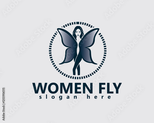 creative butterfly winged woman with long flowing hair and crossed legs logo design template