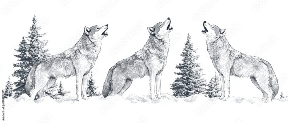 Fototapeta premium Three Wolves Howling in a Snowy Winter Forest
