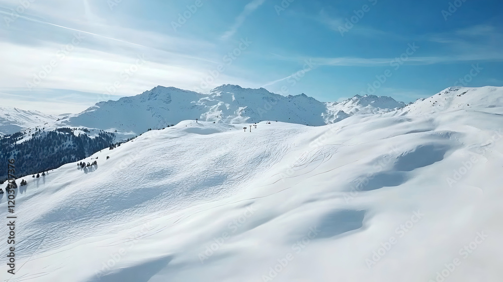 Snow-covered mountain range, skiers descending slope, sunny day, winter landscape, perfect for travel brochures Snow-covered mountain range, skiers descending slope, sunny day, winter landscape, perfect for travel brochures