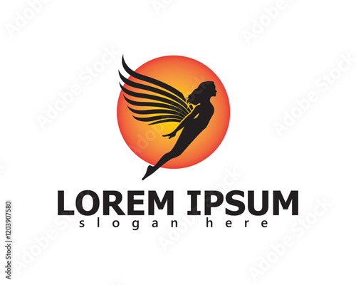 creative winged woman flying across the moon logo design