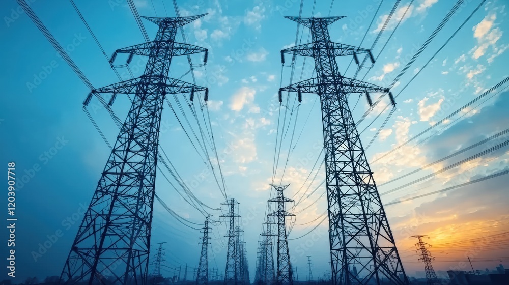 Majestic Electric Power Lines Against a Colorful Sky During Sunset with Silhouetted Transmission Towers and Electrical Wires Majestic Electric Power Lines Against a Colorful Sky During Sunset with Silhouetted Transmission Towers and Electrical Wires