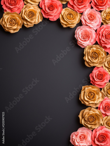 Elegant floral border with gold and coral roses on black background