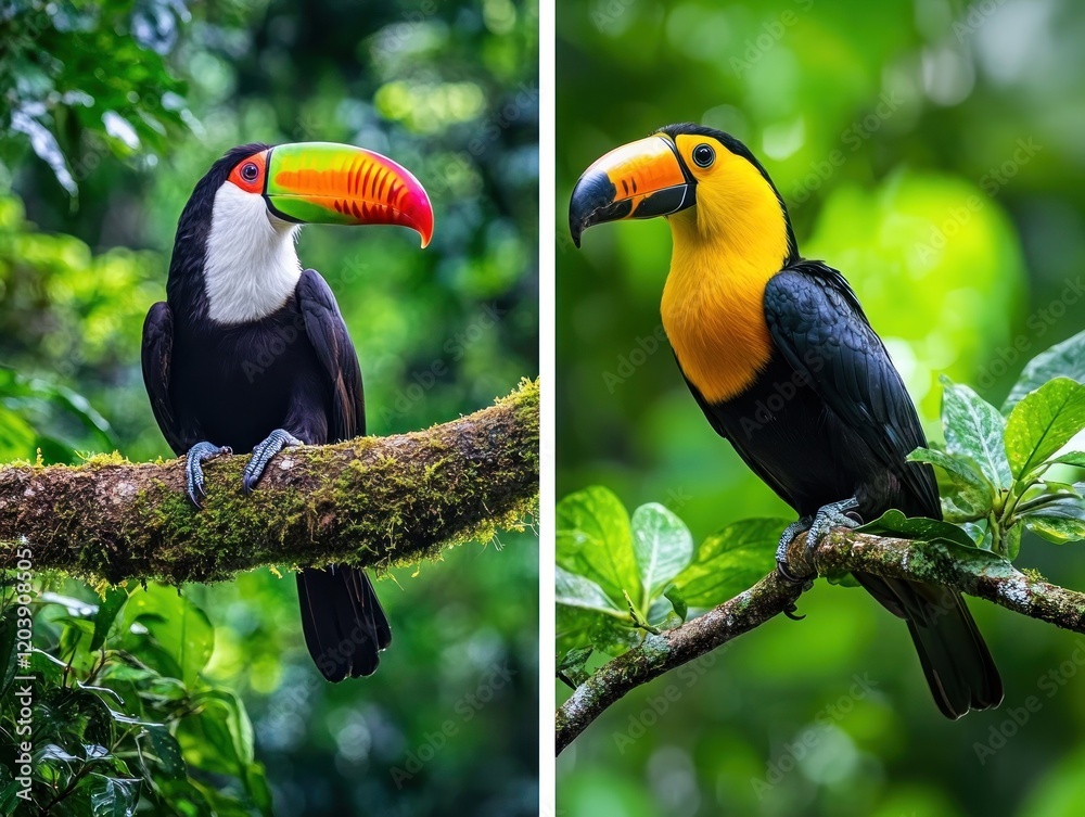 Obraz premium Rainforest animals like sloths, jaguars, and toucans thrive in their natural habitat, displaying their unique behaviors amidst the dense, vibrant foliage.