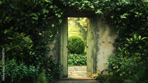 Enchanted doorway leading to a lush green garden, surrounded by foliage and natural textures