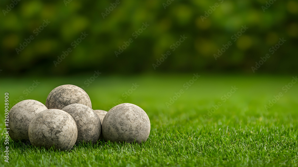 Stone balls rest on green grass, blurred green background, outdoor lawn game Stone balls rest on green grass, blurred green background, outdoor lawn game