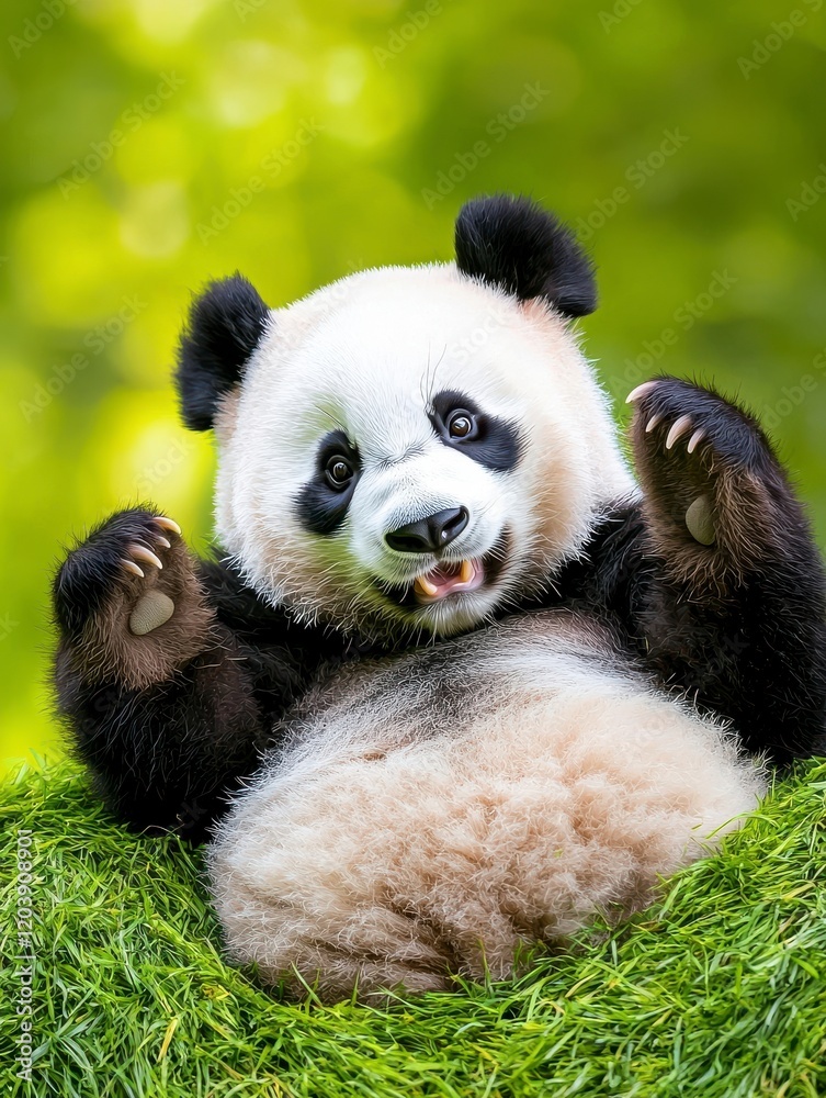 Fototapeta premium A playful panda is lounging on green grass, showcasing its adorable features and cheerful expression in a natural setting.