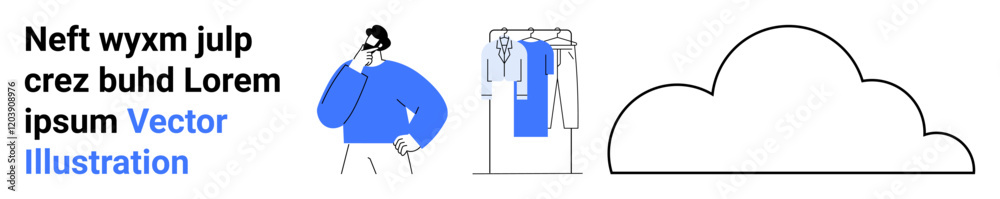 Man in blue sweater and glasses pondering over clothes on rack, featuring shirts and dresses. Ideal for fashion, decision-making, creativity, thought process, lifestyle, mens clothing, cloud storage Man in blue sweater and glasses pondering over clothes on rack, featuring shirts and dresses. Ideal for fashion, decision-making, creativity, thought process, lifestyle, mens clothing, cloud storage