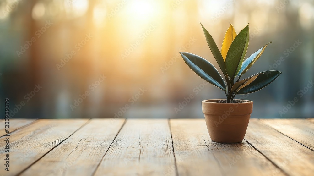 Fototapeta premium A Young Rubber Plant in a Terracotta Pot on a Wooden Table