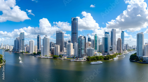 Sunny Brisbane Cityscape, Riverfront Skyline, Boats, Blue Sky, Urban Development, Aerial View, Tourism