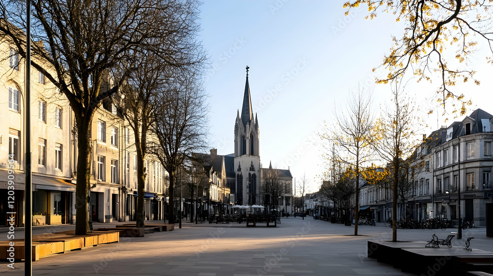 Fototapeta premium Sunny morning, church-centered city square, pedestrians strolling, shops lining the street; ideal for travel brochures