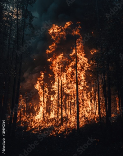 Wildfire engulfs forest in a dramatic display of flames and smoke during late afternoon hours photo