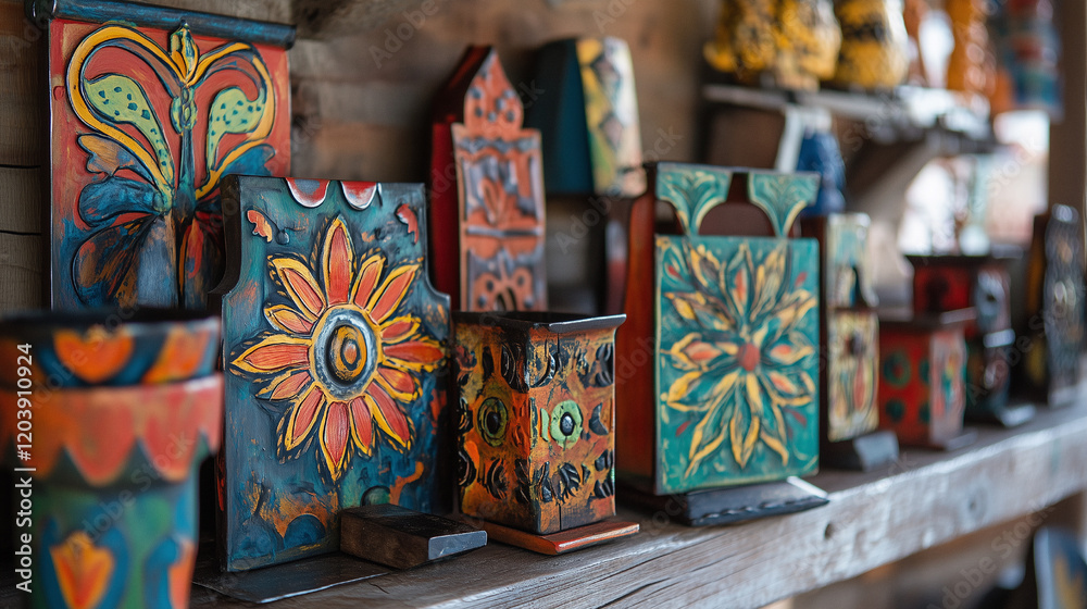 Fototapeta premium Close-Up of Metal Artwork Painted with Traditional Colorful Designs, Showcasing Unique Handcrafted Craftsmanship