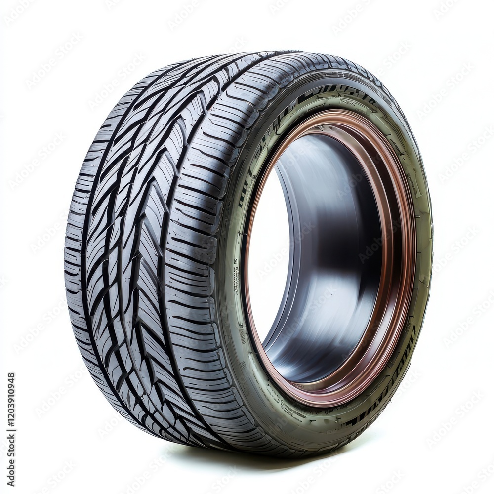 Obraz premium A close-up image of a modern tire showcasing its intricate tread design and sidewall detail, emphasizing its durability and performance white background