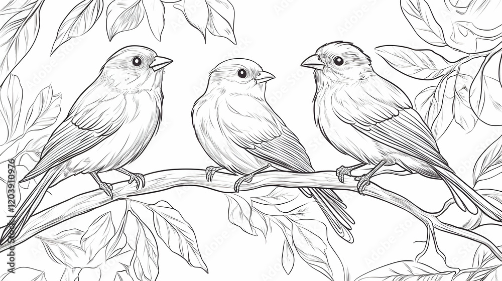Fototapeta premium Three birds perched on a branch amidst foliage; nature illustration for children's books