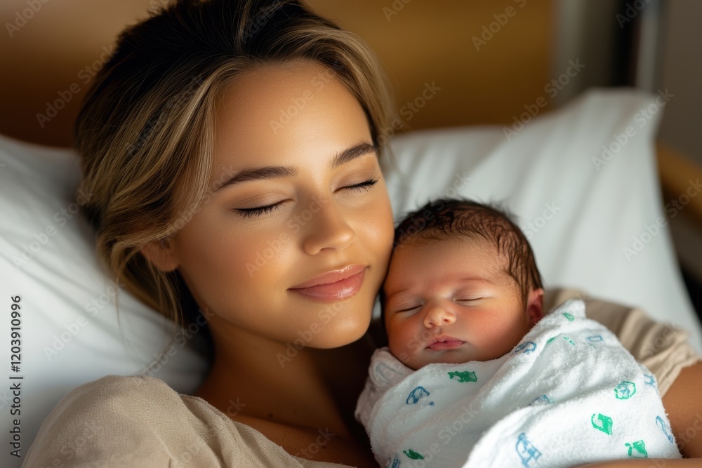New mother holds her newborn baby peacefully in a hospital room on a serene morning, radiating love and joy as they share a tender moment together New mother holds her newborn baby peacefully in a hospital room on a serene morning, radiating love and joy as they share a tender moment together