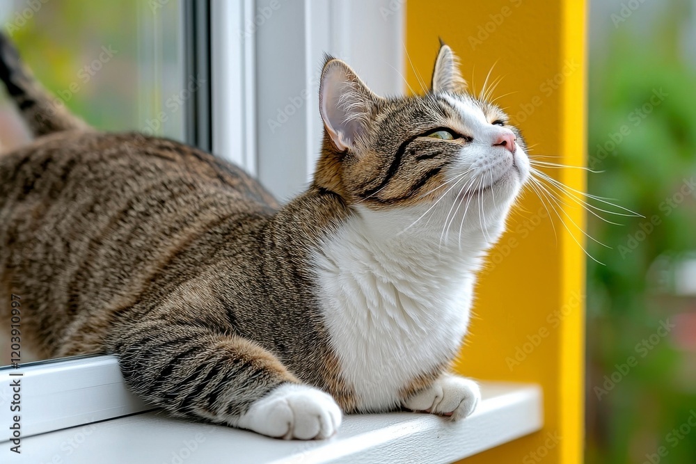 A relaxed cat rests on a windowsill, enjoying the fresh air and sunlight, with its eyes slightly closed and whiskers gently twitching.