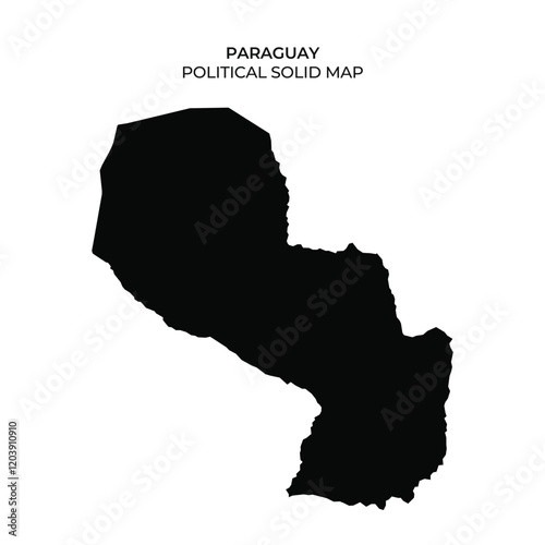 A solid black outline of Paraguay is displayed on a white background. The map highlights the countrys unique shape and geography without any additional details or colors.