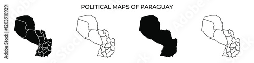 Displaying four variations of political maps of Paraguay, each highlighting different regions and boundaries.