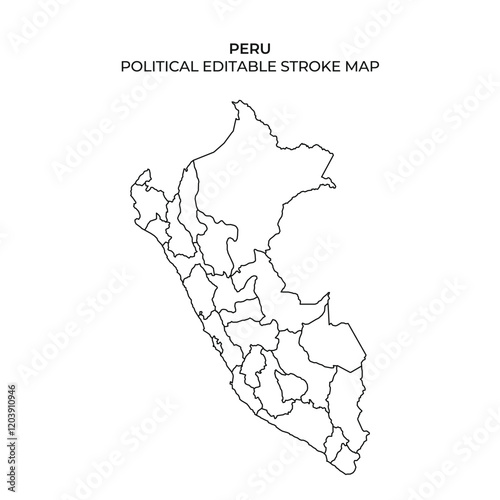 A clear stroke map outlines the political regions of Peru, showcasing the countrys administrative divisions. Ideal for educational or mapping purposes, this graphic emphasizes detailed geography.
