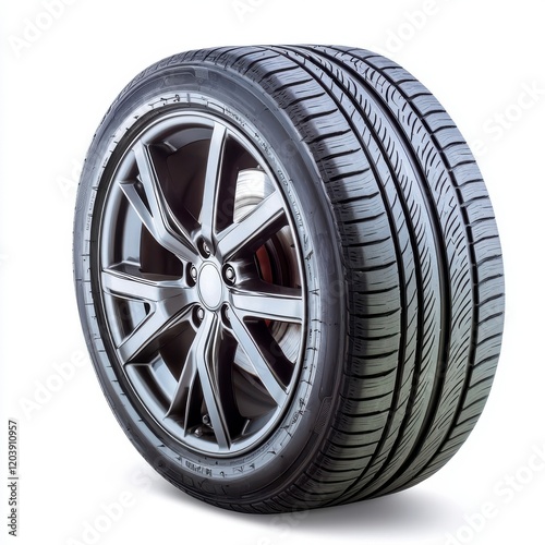 A sleek black tire with a modern design, showcasing deep treads and a shiny alloy rim, ideal for high-performance vehicles white background