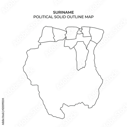 This outline map displays the political boundaries of Suriname. It is ideal for educational uses, including geography lessons, presentations, and research projects.