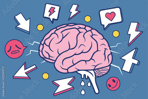 Brain illustration, social media icons, cursor arrows, emoji reactions, digital communication concept, pink brain, blue background, melting effect, lightning bolts, flat design, vecto