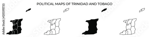 Maps depict the political divisions of Trinidad and Tobago, showcasing the regions and their boundaries in a simplified black and white format for easy understanding of the layout and structure.