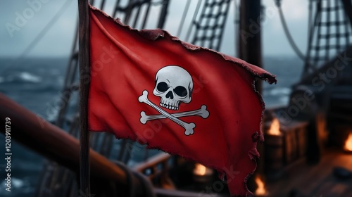 A pirate flag with a skull and crossbones on it is flying on a ship