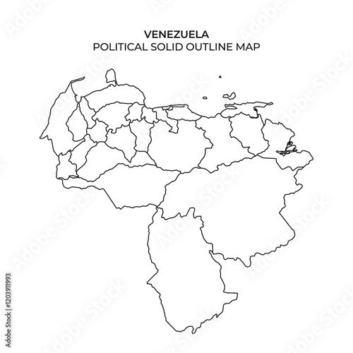 This graphic displays a solid outline map of Venezuela, detailing its political boundaries and state divisions, useful for educational and informational purposes about the country.