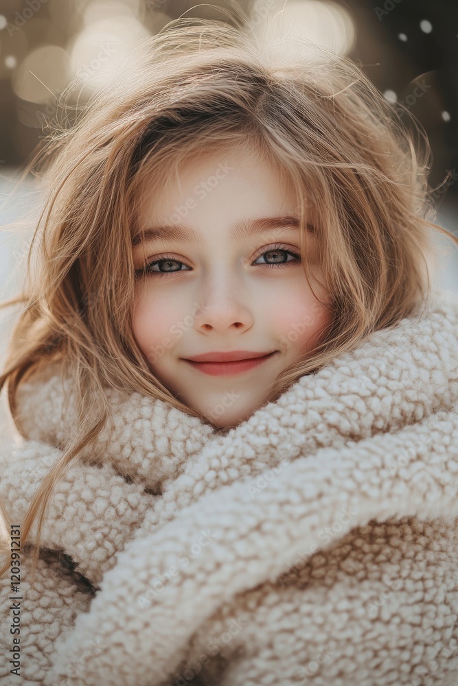 Young girl smiles warmly while wrapped in a cozy blanket in a snowy outdoor setting during winter Young girl smiles warmly while wrapped in a cozy blanket in a snowy outdoor setting during winter
