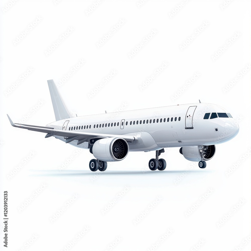 A sleek white airplane with jet engines, ready for takeoff on a runway, symbolizing travel and aviation white background A sleek white airplane with jet engines, ready for takeoff on a runway, symbolizing travel and aviation white background